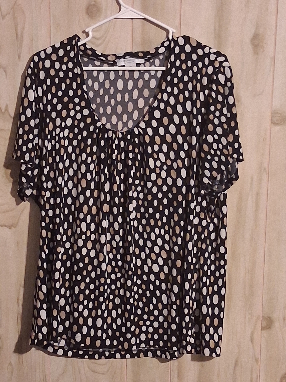 Liz Claiborne Black Blouse with White and Tan Oval Polka Dots 2X